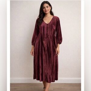 Vintage Crushed Velvet Maroon Fit & Flare Long Sleeve Midi Maxi Dress Size Med